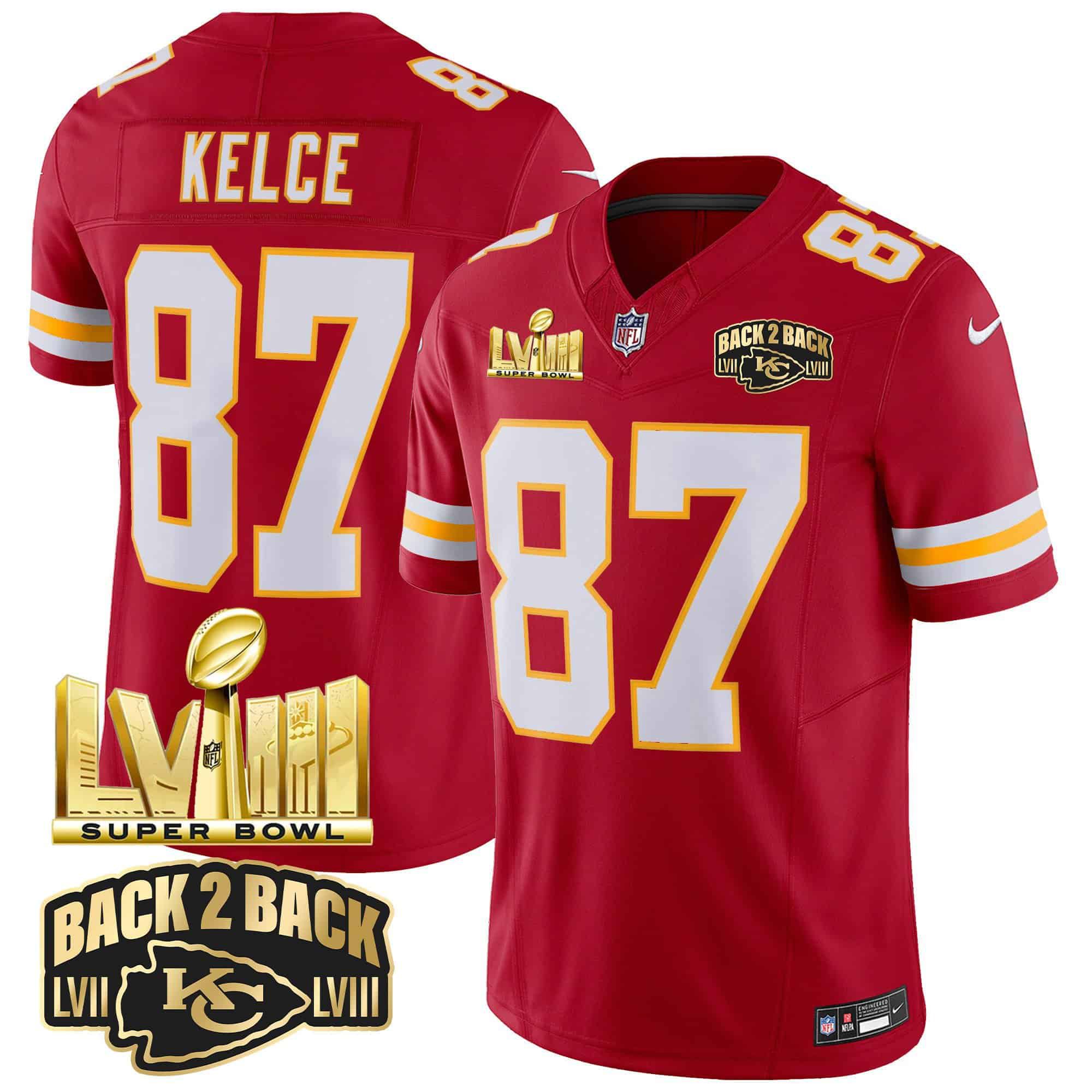 Men Kansas City Chiefs #87 Kelce Red 2024 Nike Super Bowl LVIII & Back-2-Back Gold Patch Vapor NFL Jersey style 3
